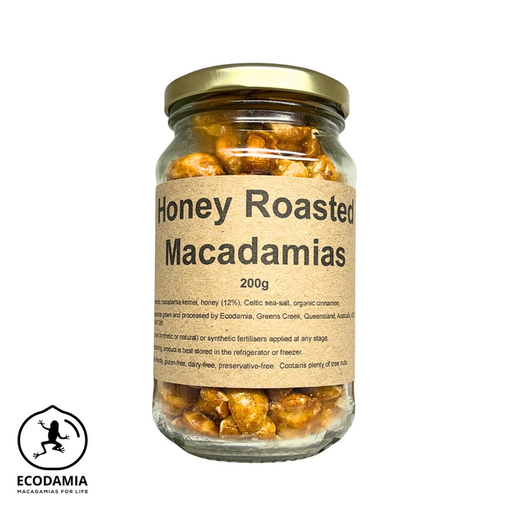 A jar of Australian grown organic honey roasted macadamias
