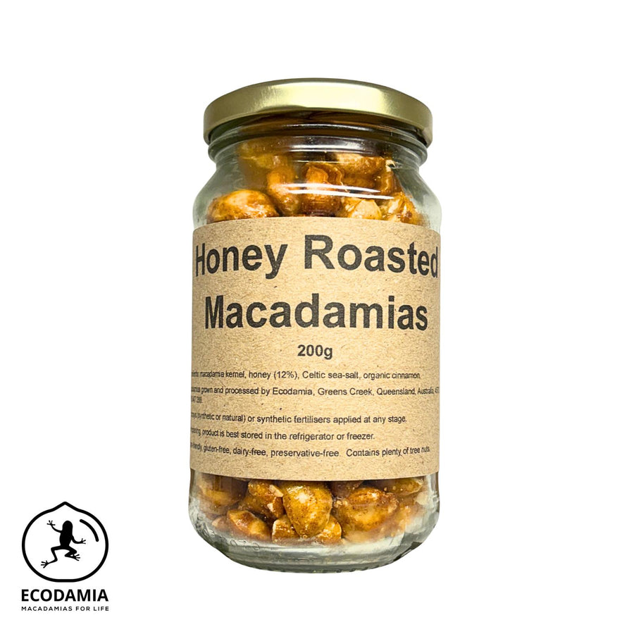 A jar of Australian grown organic honey roasted macadamias