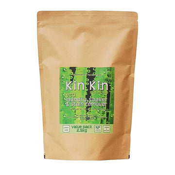 Brown package of Kin Kin laundry soaker and stain remover on a white background