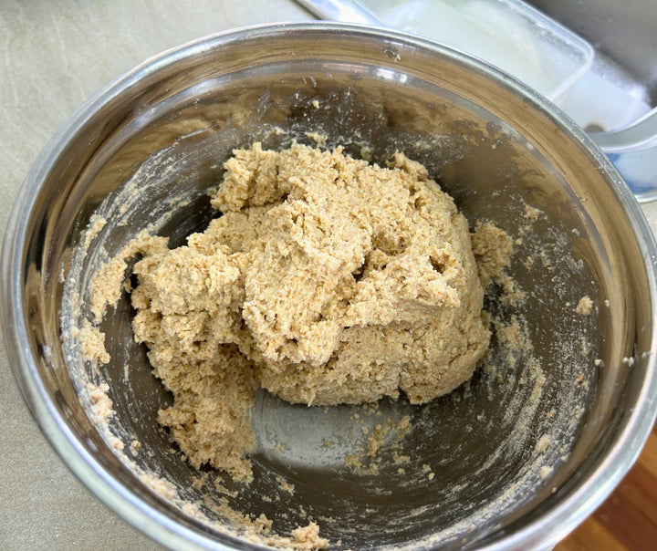 A mixed dough made from freshly milled organic purple straw wheat to make homemade wholegrain scones.  Purple straw is a wheat grain that is perfect for cakes, biscuits, cookies and scones