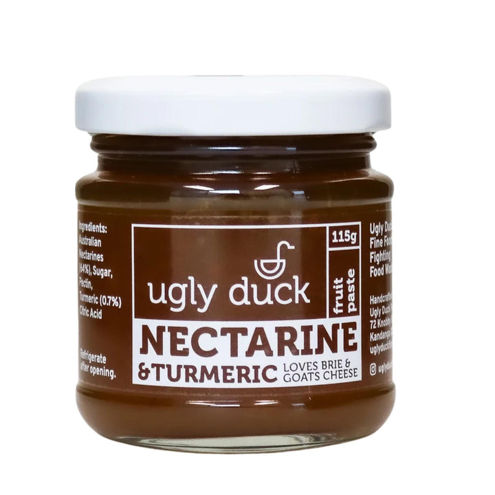 A jar of nectarine fruit paste made from rescued queensland fruit. Made by Ugly duck fine foods in Brisbane QLD