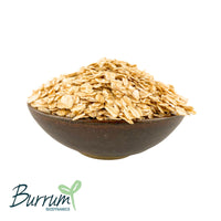 A bowl of Australian grown organic rolled oats. These oats have been grown by Burrum Biodynamics, milled by Blue Lake Milling and sold by Sovereign Foods, an online retailer that sells exclusively Australian dry goods