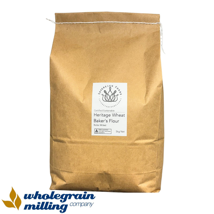 A 5kg bag of Older variety, non hybrid wheat flour. Federation wheat grown in QLD