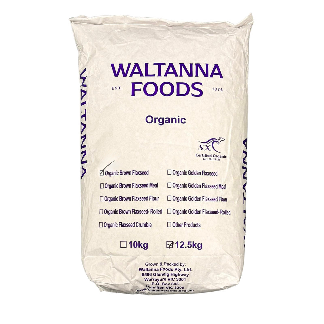 A bag of Organic brown linseed from Waltanna Farms