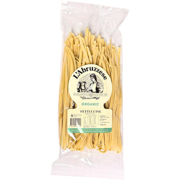 A pack of Australian made organic durum fettuccine wheat pasta. Made by L'Abruzzese from Australian grown durum wheat