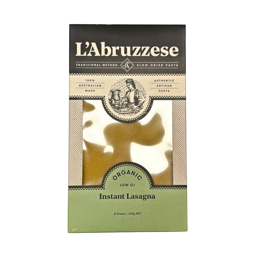 A pack of Australian grown organic lasagna made by L'Abruzzese from Australian grown organic durum wheat semolina