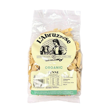 A pack of Australian made organic durum wheat penne pasta. Made by L'Abruzzese from Australian grown durum wheat