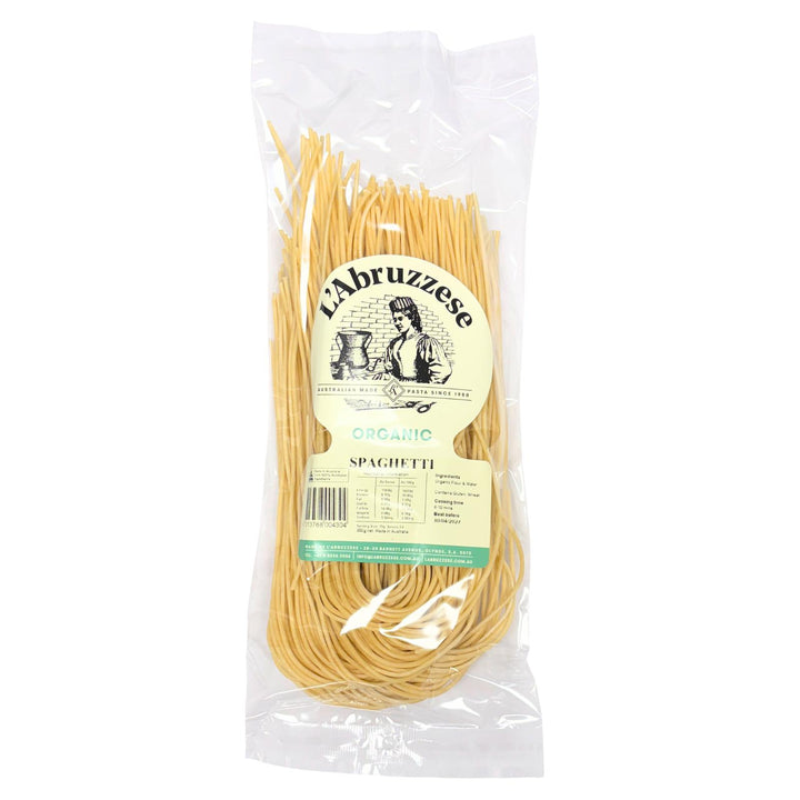 A pack of Australian made organic durum spaghetti wheat pasta. Made by L'Abruzzese from Australian grown durum wheat