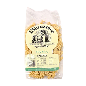 A pack of Australian made organic durum wheat spiral pasta. Made by L'Abruzzese from Australian grown durum wheat