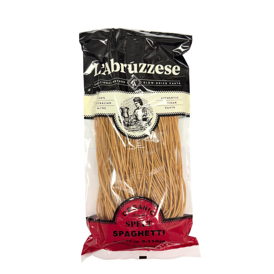 Bag of L'Abruzzese organic spelt spaghetti pasta on a white background