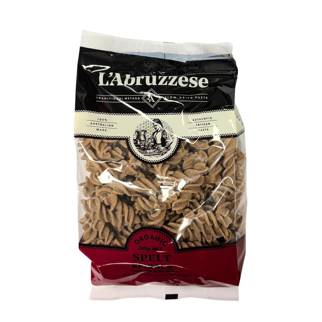 Bag of L'Abruzzese organic australian made spelt pasta on a white background
