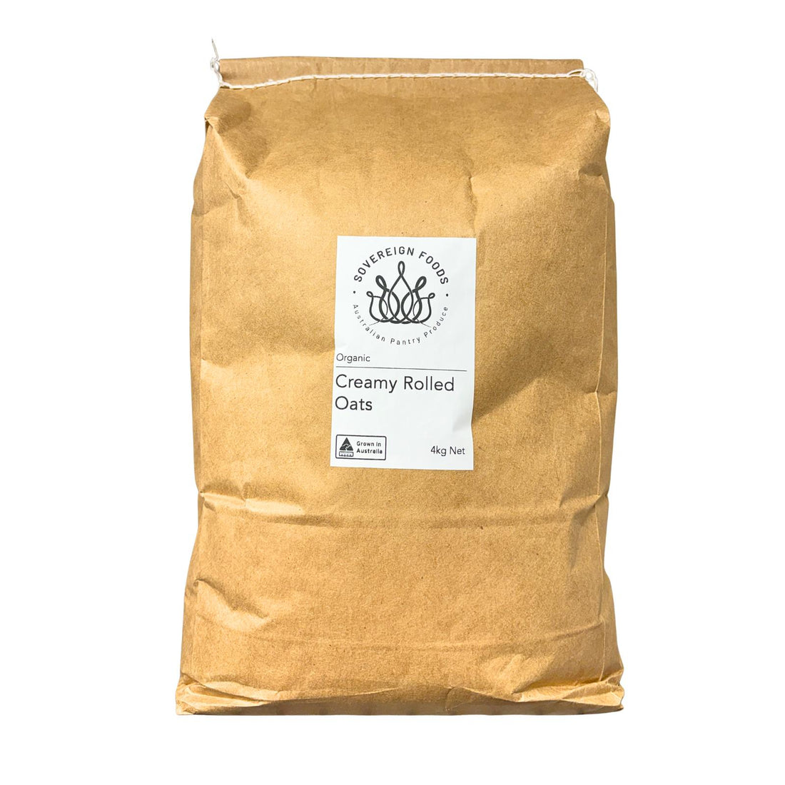 Kraft paper bag of Australian grown organic rolled oats with a label on a white background