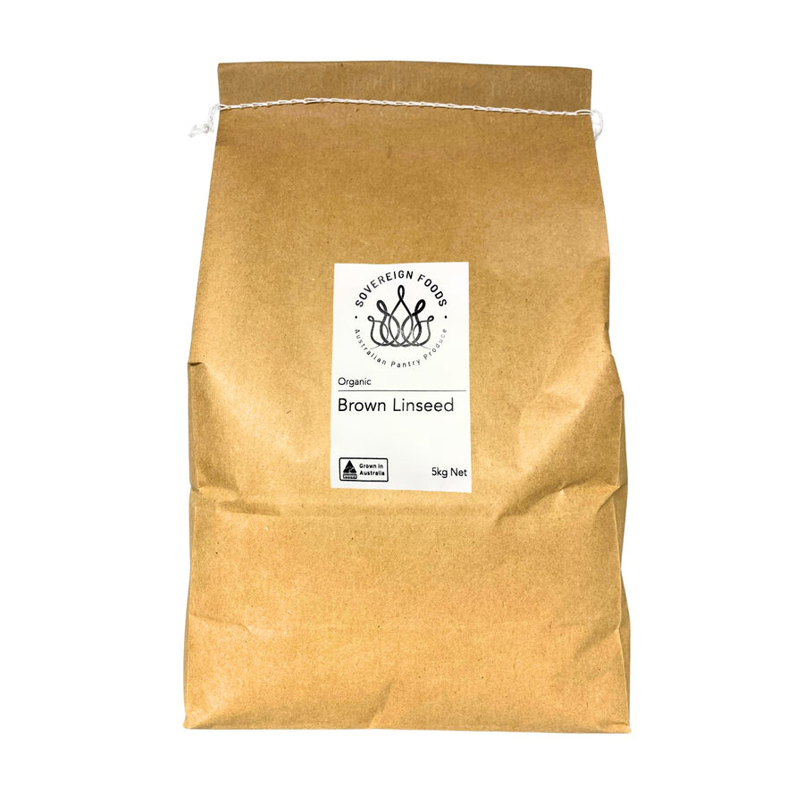 A compostable bag of Australian grown organic brown linseed (also known as flaxseed). This bag has no plastic and is straight from Australian organic farmers