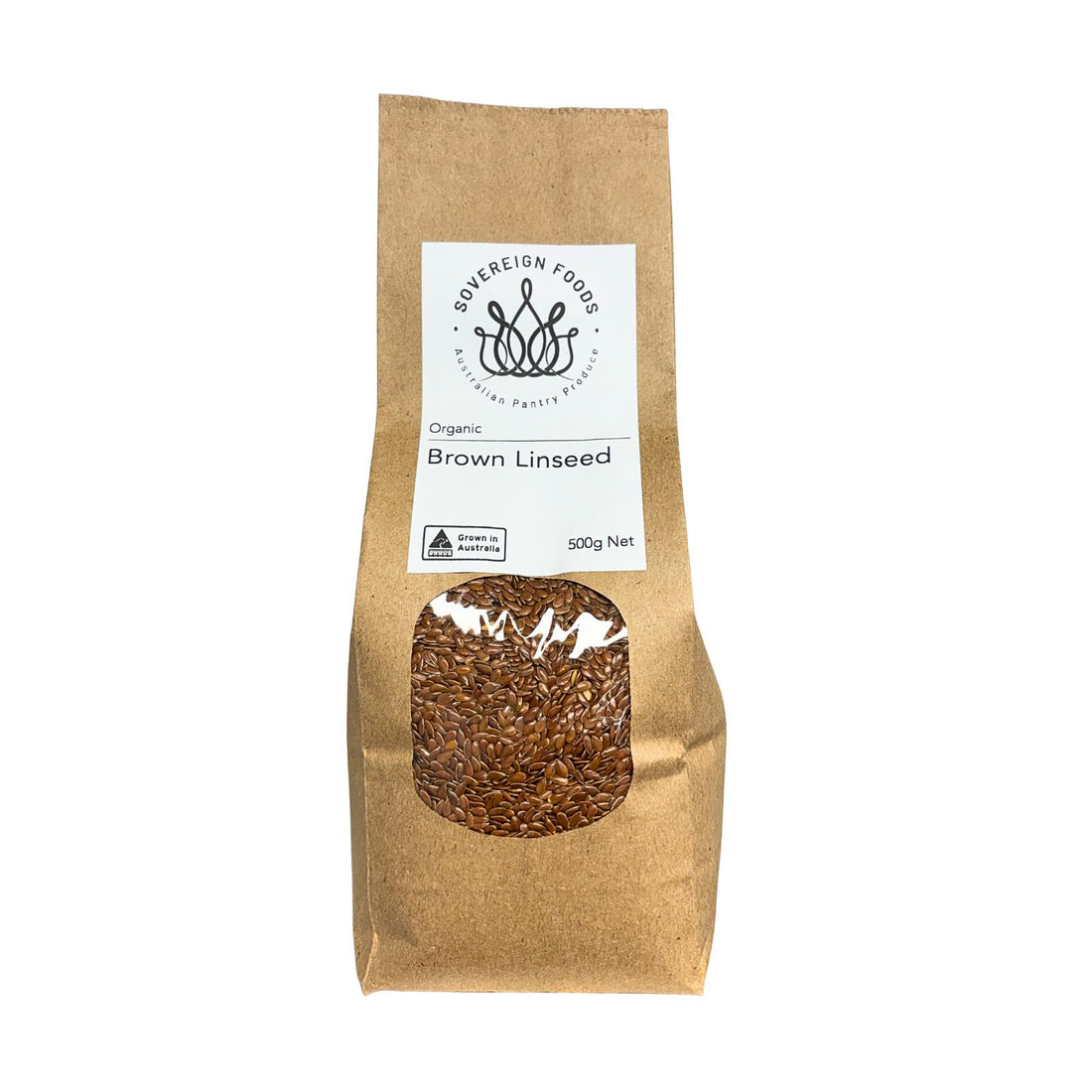 a bag of Australian grown organic linseed with a Sovereign Foods Logo