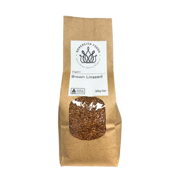 a bag of Australian grown organic linseed with a Sovereign Foods Logo