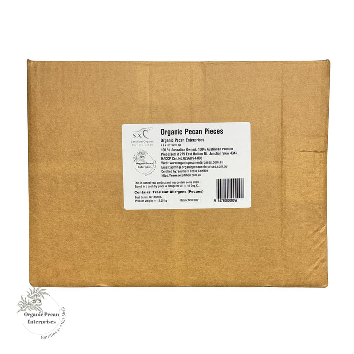 A box of Australian grown organic pecans with 'Organic Pecan Enterprises' logo on a white background