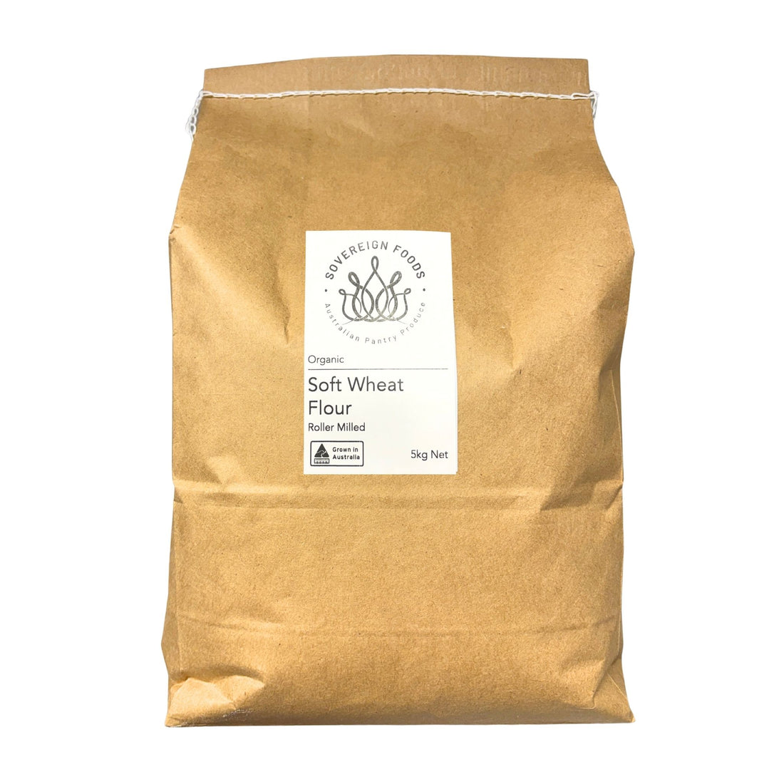 A 5 kg bag of Sovereign Foods Organic Soft Wheat Flour in a brown kraft paper bag with a white label, shown on a plain white background.