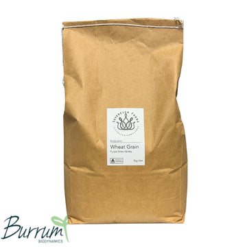 Brown bag of soft wheat grain for milling with a label on a white background