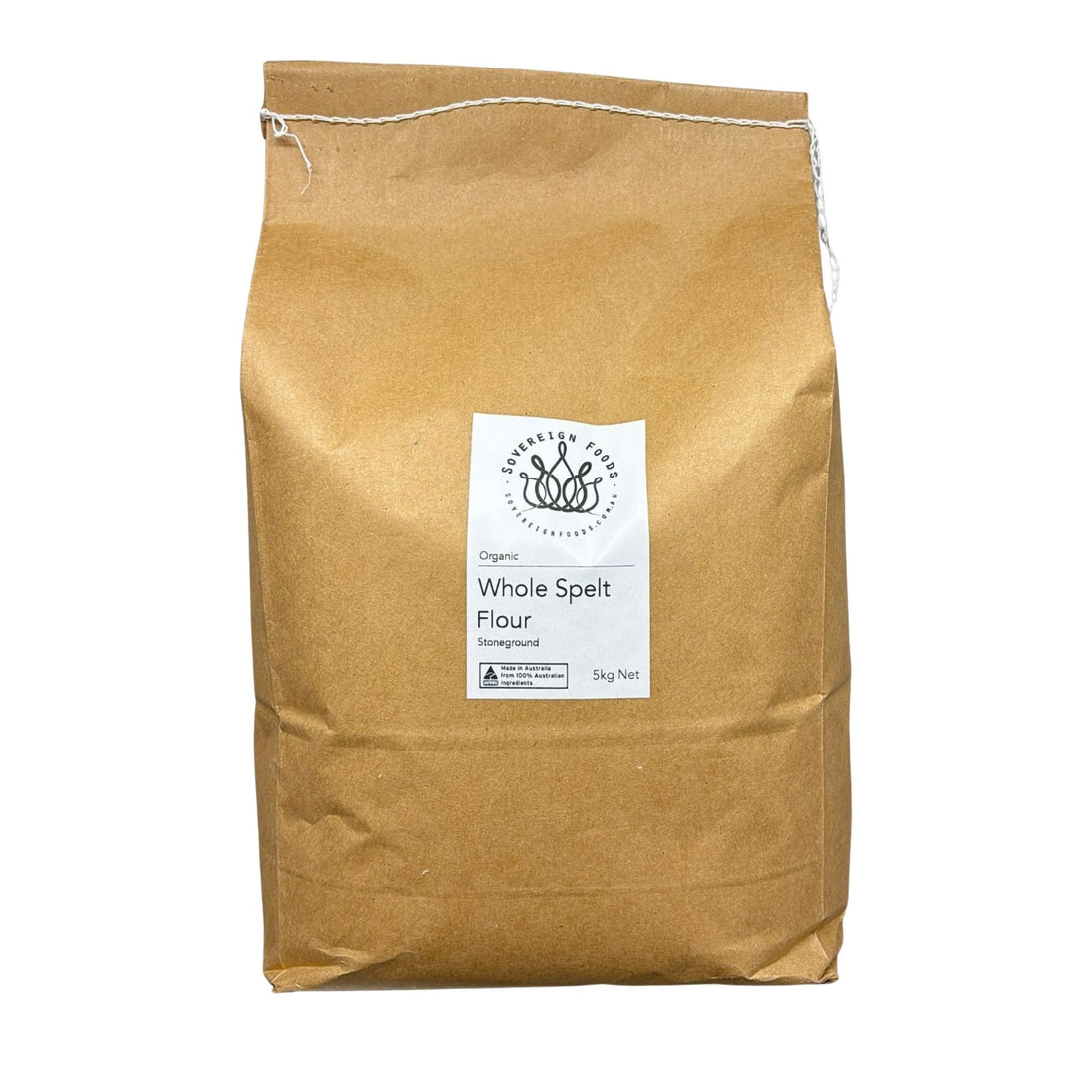 A kraft paper bag of Australian grown organic spelt flour