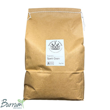 a bag of Organic Spelt grain. Biodynamically grown by Burrum Biodynamics and repacked and sold by Sovereign Foods and online retailer supplying exclusively Australian grown bulk foods like grain flour and seeds
