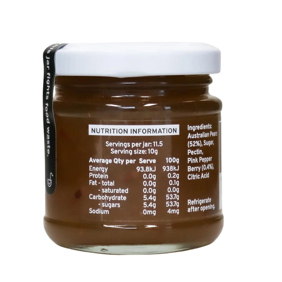 The back of a jar of pear fruit paste to show the nutrition. This fruit paste is made from rescued queensland fruit. Made by Ugly duck fine foods in Brisbane QLD