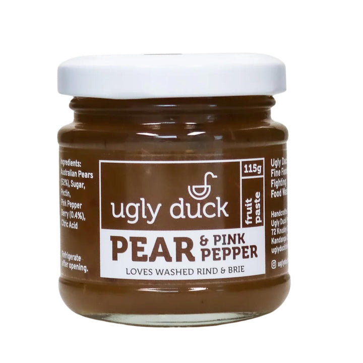 A jar of pear paste made from rescued queensland fruit. Made by Ugly duck fine foods in Brisbane QLD
