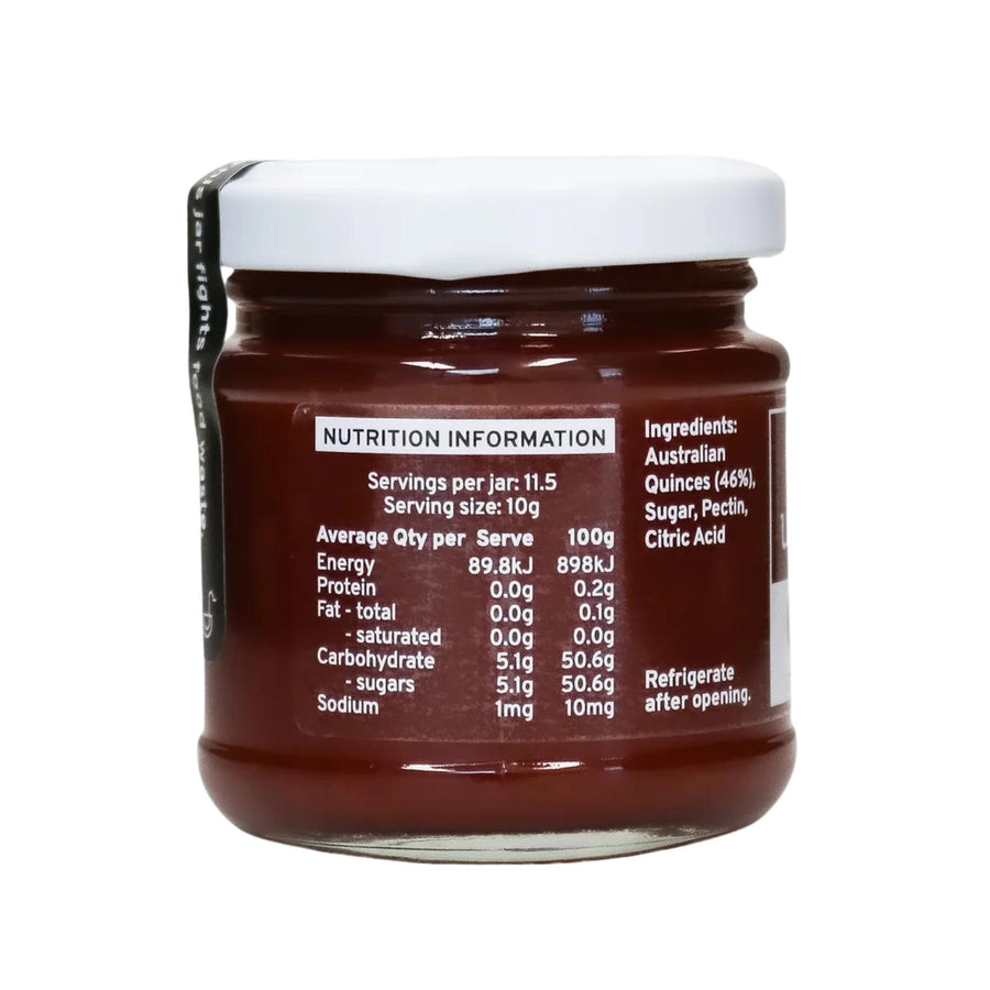 the back of a jar of quince paste to show the nutrition and ingredients. This fruit paste made from rescued Queensland fruit. Made by Ugly duck fine foods in Brisbane QLD