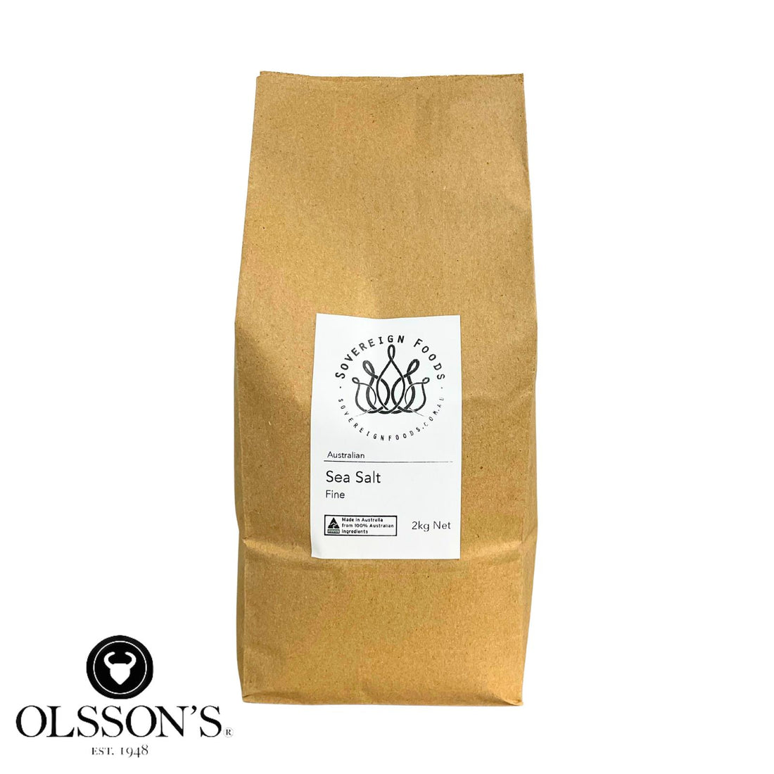 Kraft paper bag of Olsson's fine baking salt on a white background