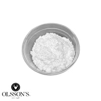 Bowl of fine baker's salt with Olsson's logo on a white background