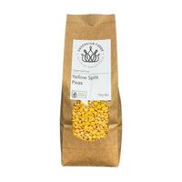 A 750g bag of Australian grown Yellow Split Peas from Sovereign Foods, in a brown kraft paper bag with a clear window showing the yellow peas inside, on a white background.