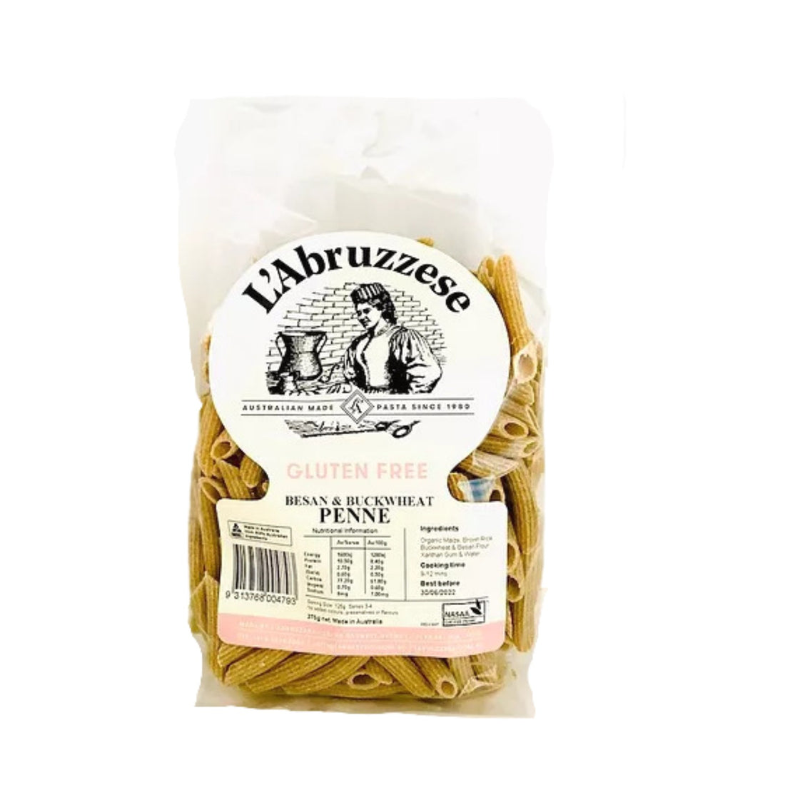 Besan and Buckwheat Gluten Free Penne Organic 250g-Grocery-L'Abruzzese-Sovereign Foods-Australian Made-Australian Ingredients-Australian Pasta-Organic