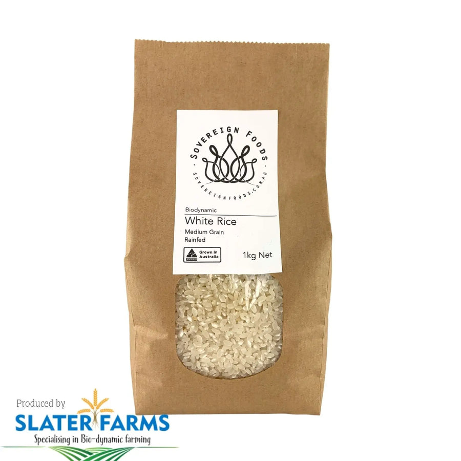 White Rice - Medium Grain, Rainfed, Biodynamic 1kg-Pulse & Grain-Slater Farms-Sovereign Foods-Rainfed Rice-Australian Grown Bulk Foods