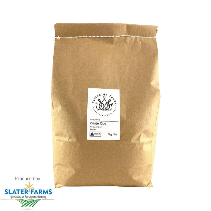 White Rice - Medium Grain, Rainfed, Biodynamic 5kg-Pulse & Grain-Slater Farms-Sovereign Foods-Rainfed Rice-Australian Grown Bulk Foods