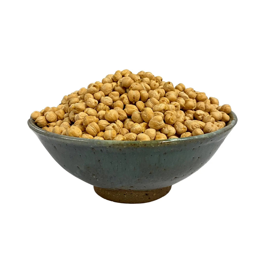 a bowl of Australian grown dried organic chickpeas. Grown by Kym and Neil Sullivan and sold by Sovereign Foods. Sovereign Foods is an online supplier of exclusively Australian grown organic dry goods and pantry produce